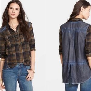 Free People Road Trip Getaway Shirt Red Plaid Flannel Denim Frayed size Large